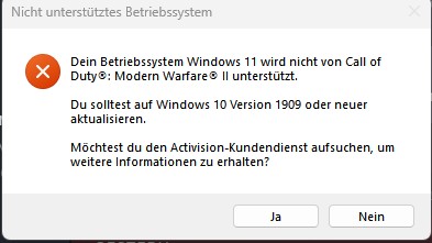 Nicht unterstütztes Betriebssystem Windows 11 Modern Warfare 2